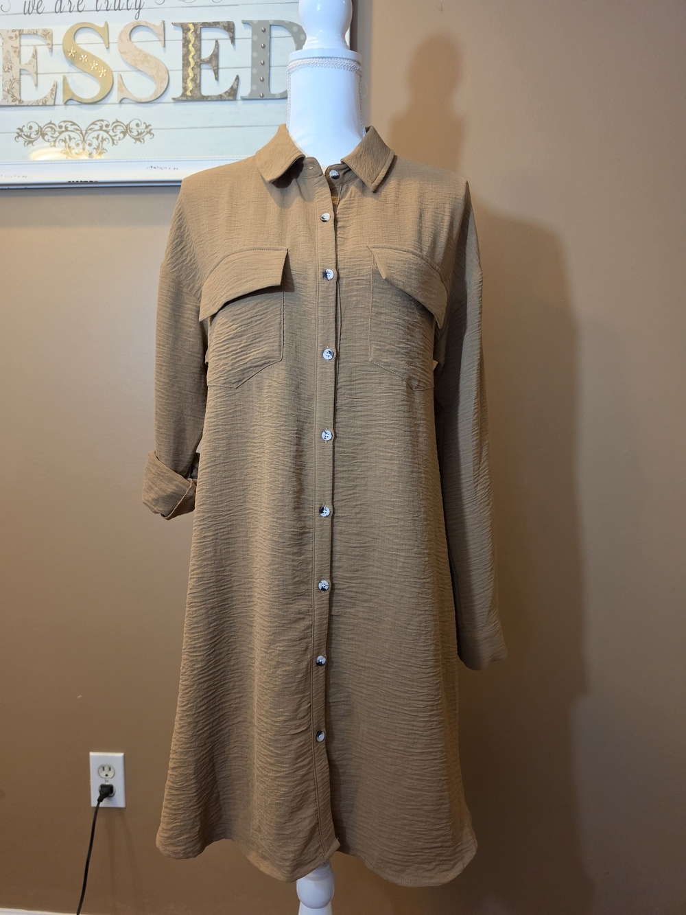 Mystree Long-Sleeve Button Front Shirt Dress in Tan